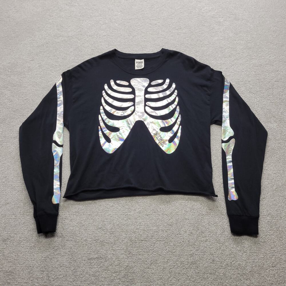 Victoria’s Secret PINK Skeleton Shirt Womens S Holographic Cropped Long Sleeve